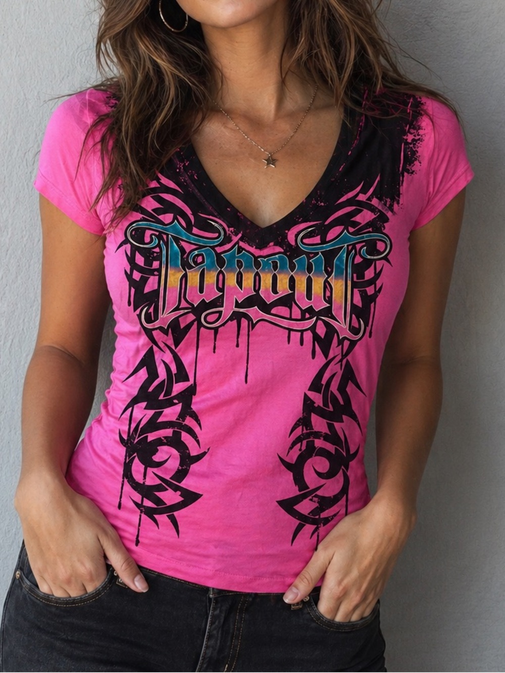 Tap Out Pink Bold Graphic V-Neck Women's Tee | Size XL